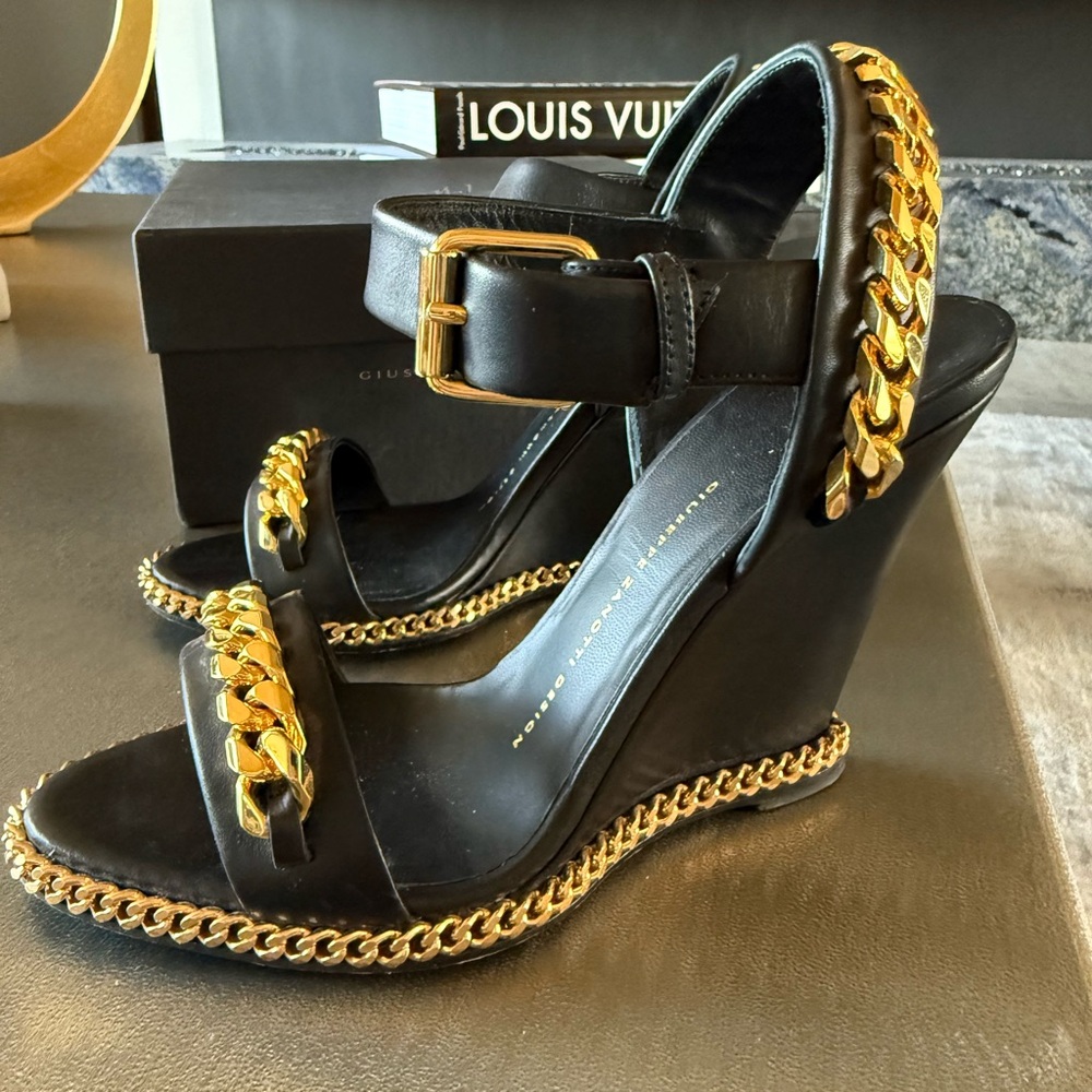 Giuseppe Zanotti Black and Gold Stiletto Wedge Heels Size 37